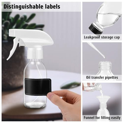 Tecohouse Glass Spray Bottles 4 OZ, Empty Small Spray Bottles 2 Pack for Essential Oils, Cleaning Solutions, Plants, Hair Mister, withDurable Nozzle, Labels, Funnel, Pipettes Clear - color: Clear White Lids