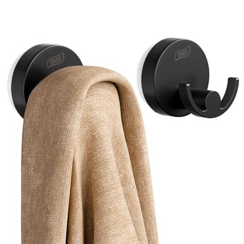 TAILI 304 Stainless Steel Bathroom Suction Hooks for Towel, Bathrobe, Loofah, Patented Strong Suction Cup Holder, No Damage Hanging Glass Shower Wall Hook, Double-Hook Sleek Design, 2 Pack, Black - color: Sleek Double-Hook, Black