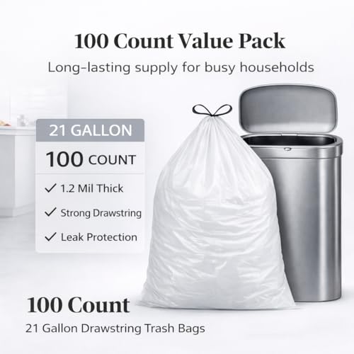 21 Gallon Drawstring Trash Bags, 100 Count Extra Strong Drawstring Kitchen Garbage Bags, Fit for 80 Liter / 21.1 Gal, Tear-Resistant Unscented Household Liners 1.2 Mil Large Trash Bags