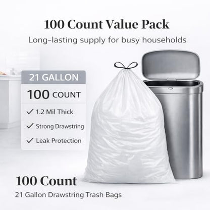 21 Gallon Drawstring Trash Bags, 100 Count Extra Strong Drawstring Kitchen Garbage Bags, Fit for 80 Liter / 21.1 Gal, Tear-Resistant Unscented Household Liners 1.2 Mil Large Trash Bags