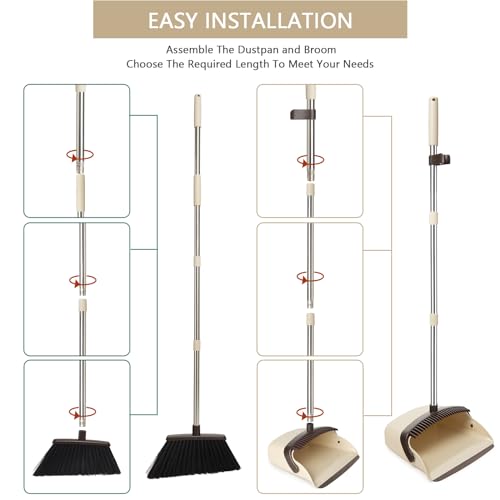 Broom and Dustpan Set, Dustpans with Broom Combo for Home, Heavy Dust Broom and Dustpan Combo, Long Handle Dust Pan and Broom Set for Kitchen, Office, Pet Hair,Beige, Pack of 1 - color: Beige