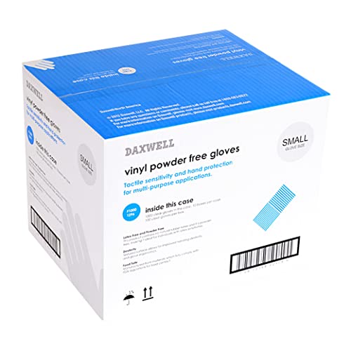 Daxwell Vinyl Gloves, Powder Free, Small, Clear, F10001296 (Case of 1,000, 10 Boxes of 100) - size: Small