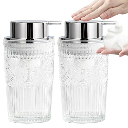 Glass Foaming Soap Dispenser Set - 2 Pack Foam Hand Soap Dispenser for Bathroom, Clear Hand Wash Dispenser Bottle with Silver Pump for Kitchen, 10 Oz Refillable Dish Liquid Foam Dispenser 2 Pcs - color: Silver Foam Pump/2 Pack, size: 10 OZ