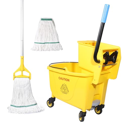 Side Press Wringer Combo Commercial Floor Cleaning Rectangular Mop Bucket on Wheels, 35-Qt, Yellow,Add One Mop and One Mop Head Replacement