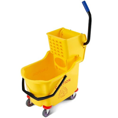 Commercial Mop Bucket with Side Press Wringer on Wheels, 35 Quart Heavy Duty Floor Cleaning Bucket, Industrial Rolling Janitorial Mop Bucket for Offices, Kitchens, Schools - Yellow