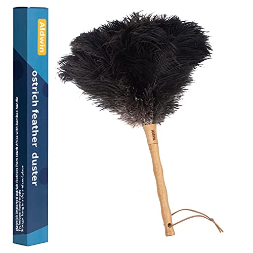 Aldwin Ostrich Feather Duster, 16 inch Black Genuine Ostrich Feathers with Wood Handle, Reusable Car Dusters, Eco-Friendly Cleaning Handheld Dusters for Home, Office and Kitchen - color: Black