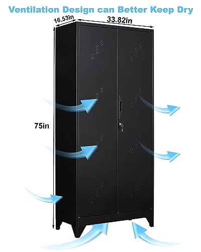 75" Metal Storage Cabinet with Lockable Doors, Functional Garage Storage Cabinets, Heavy-Duty Tool Organization Cabinet with Hanging Rod & S-Hooks (75" Utility Closet) - size: 75" Garage Cabinets