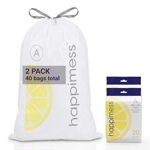 happimess 8 Gallon (30L) Drawstring Trash Bags, Lemon Scent, White, Heavy Duty MDPE Liners for Kitchen and Household, Odor Control, Custom Fit 40 Count (2 Packs of 20 Liners) HPM3100A-W-2SET - color: White (Lemon Scented), size: 40 Count (Pack of 1)