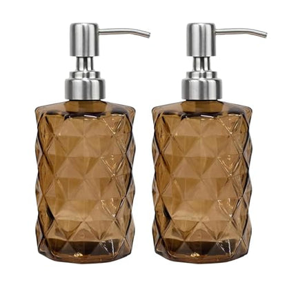 12Oz Brown Soap Dispenser Bathroom - 2 Pack, Clear Glass Hand Soap Dispensers with Stainless Steel Pump, Refillable Dish Soap Dispenser for Kitchen, Countertop Soap Dispensers - color: Diamond Brown（2-pack）