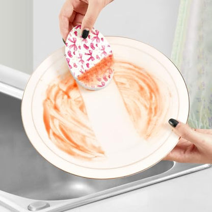 Watercolor Pink Heart and Bow Wood Pulp Sponge Kitchen Scrubbing Sponge Absorbent, Strong Adsorption for Kitchen Cleaning 3 pcs.