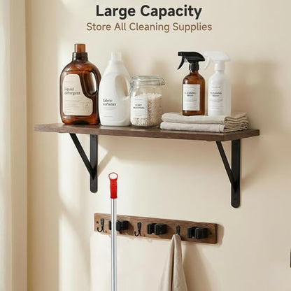 Wooden Broom Holder Wall Mount with Hooks and Shelf Mop Hangers Storage Rack with Cleaning Supplies Organizer Farmhouse Garage Laundry Room Wood Shelf (Brown, 1)