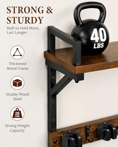 Lorbro Broom Holder Wall Mount with Cleaning Supplies Storage, Heavy Duty Broom and Mop Organizer Wall Hanging, Wooden Mop Organizer Hanger, 3 in 1 Storage Shelves for Laundry Room, Garage, Closet - size: Large