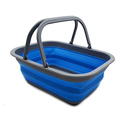SAMMART 9.2L (2.37Gallon) Collapsible Tub with Handle - Portable Outdoor Picnic Basket/Crater - Foldable Shopping Bag - Space Saving Storage Container (1, Dark Grey/Blue) - color: Dark Grey/Blue