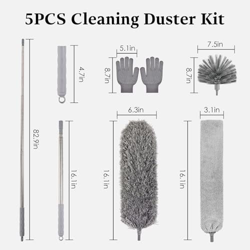 Cobweb Duster with Extension Pole, Washable Cleaning Microfiber Feather Duster 5-in-1 Kit with 3 Duster Heads, 100'' Bendable Extendable Long Duster for High Ceilings, Fans, Blinds, Furniture & Car - size: 5PCS: Cobweb Brush & Gap Duster & Gloves Set
