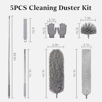 Cobweb Duster with Extension Pole, Washable Cleaning Microfiber Feather Duster 5-in-1 Kit with 3 Duster Heads, 100'' Bendable Extendable Long Duster for High Ceilings, Fans, Blinds, Furniture & Car - size: 5PCS: Cobweb Brush & Gap Duster & Gloves Set