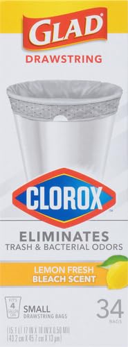 Glad Small Drawstring Trash Bags with Clorox, 4 Gal, Lemon Fresh Bleach, 34 Ct (Package May Vary) (Pack of 6) - size: 34 Count (Pack of 6)