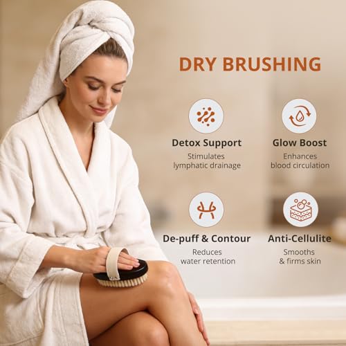 Dry & Wet Brushing Body Brush, Natural Boar Bristle Back Scrubber for Shower with Detachable Handle, Exfoliating Brush for Lymphatic Drainage, Improved Circulation & Smooth Skin - color: Dark Brown