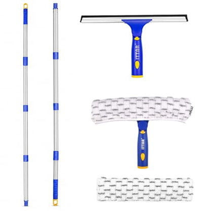 ITTAR Window Squeegee with 2 Sets Separate Pole, 12" Rubber Squeegee and 11" Microfiber Pads, 60"-73.6" Telescopic Window Cleaning Kit with Rotating Head for High Windows, Shower Glass, Car Windshield