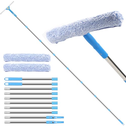 10 Feet Professional Squeegee Window Cleaner Tool with Extension Pole | Car Windshield Cleaning Kit with Long Handle, Queegee & Scrubber, Window Washing Equipment for Indoor Outdoor Windows & Glass