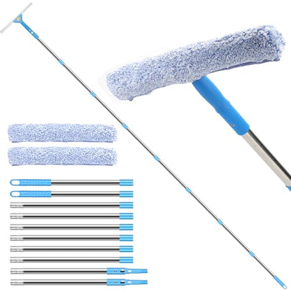 10 Feet Professional Squeegee Window Cleaner Tool with Extension Pole | Car Windshield Cleaning Kit with Long Handle, Queegee & Scrubber, Window Washing Equipment for Indoor Outdoor Windows & Glass