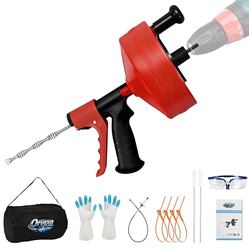 Drain Snake 50 Ft with Drill Attachment, Auto Feed 1/4 Inch Plumbing Snake for Sink, Shower & Tub Clogs, Manual or Drill-Powered Drain Auger, with Gloves, Safety Glasses & Storage Bag - color: 50FT