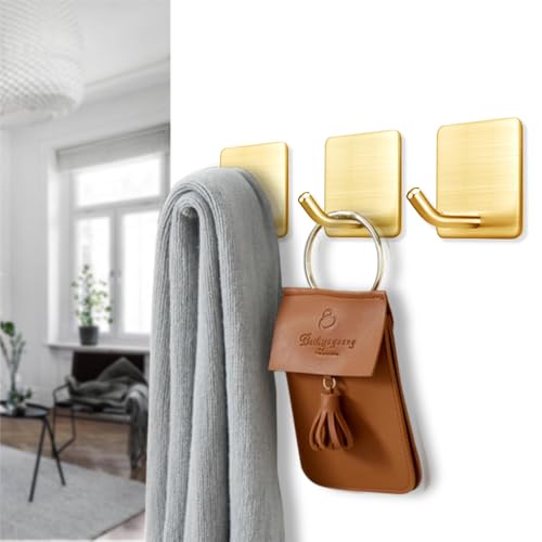 FOTYRIG Golden Stainless Steel Square Self Adhesive Hooks - Extra-Long Anti-Slip with Upgraded Adhesive, Holds 15lb Heavy Duty Wall Hooks for Kitchen, Bathroom, Garage -4 Packs - color: Gold