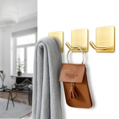 FOTYRIG Golden Stainless Steel Square Self Adhesive Hooks - Extra-Long Anti-Slip with Upgraded Adhesive, Holds 15lb Heavy Duty Wall Hooks for Kitchen, Bathroom, Garage -4 Packs - color: Gold