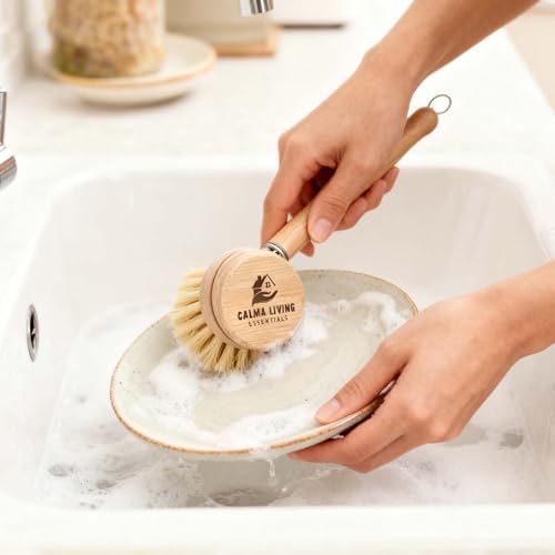 Bamboo Scrub Brush with Handle – Soft Sisal Bristles, Non-Toxic Dish Brush, Compostable & Biodegradable, Bamboo Dish Scrubber for Cookware, Bowls, Plates & Non-Stick Pans