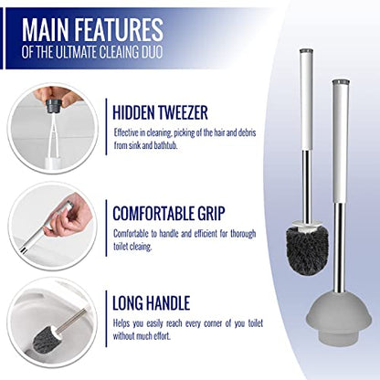 True Fresh Toilet Brush and Plunger Set with Holder Caddy -Stainless Steel Brush and Toilet Plunger for Heavy Duty -2-in-1 Scrubber Combo with Hidden Tweezer & Extendable Plastic Handle