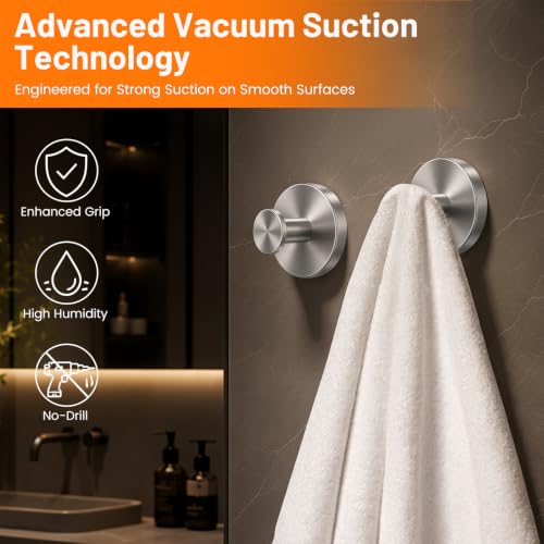 Upgraded Suction Cup Hooks for Shower, No-Drill Bathroom Hooks for Hanging Towels, Robes & Loofah - Mount on Kitchen Walls, Window, Glass, Mirror, Tile & Smooth Surfaces (2 Pack, Silver Tone) - color: Silver