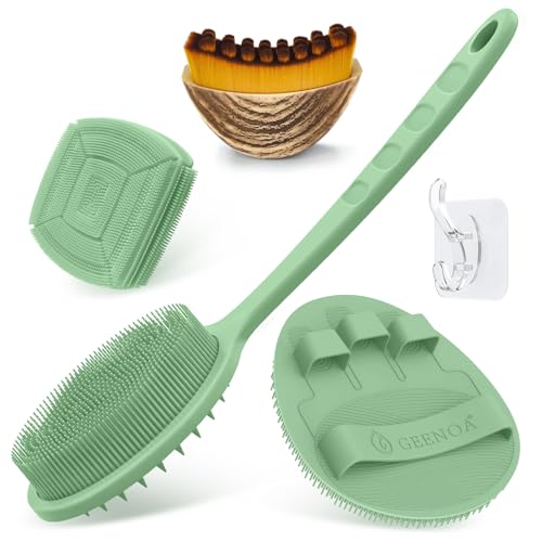 Silicone Back/Body/Face Scrubber & Lymphatic Contour Face Brush Set 4PCS, 13.4'' Soft Back Scrubber, 360° Anti-Slip Bath Glove, Unique Side-bristled Face Scrubber for All-Round Cleaning(Green) - color: Green*4