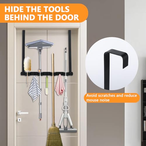 Broom Holder Over the Door with Hooks, Wall Mount Mop and Broom Holder, Stainless Steel Hanging Over the Door, Easy to Install Broom Storage Tool Organizer for Garage Closet Laundry