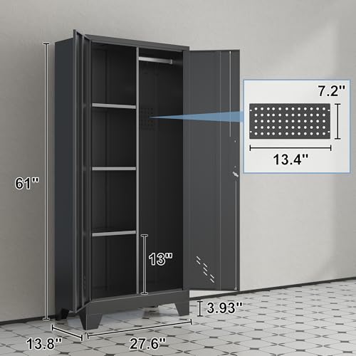 61" Metal Storage Cabinet with Lockable Doors, Cleaning Supply Cabinet with Pegboard and Hanging Rod. Garage Tool Storage Cabinets for Home, Laundry, Office, Home Kitchen Utility Cabinet - size: 61" Cabinet Black