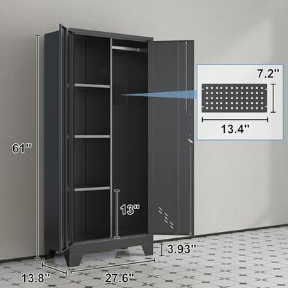 61" Metal Storage Cabinet with Lockable Doors, Cleaning Supply Cabinet with Pegboard and Hanging Rod. Garage Tool Storage Cabinets for Home, Laundry, Office, Home Kitchen Utility Cabinet - size: 61" Cabinet Black