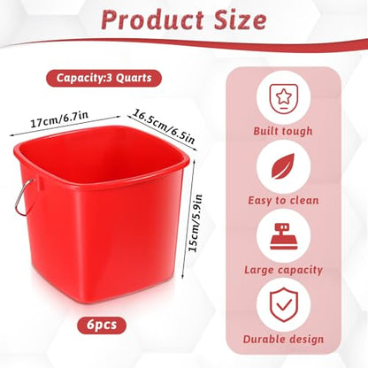 JJUNW 6 Pcs 3 Quart Cleaning Bucket, Detergent Square Bucket, Plastic Utility Cleaning Pail Stackable Cleaningpail Small Square Buckets for Restaurant Kitchen Home Offices Commercial (Red)