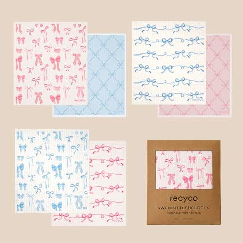 RECYCO Swedish Dishcloths for Kitchen | 6 Packs Lovely Bows Washable Dish Rags | Cellulose Reusable Cleaning Paper Towels | Absorbent Counter Dish Cloth Sponge Kitchen Wipes, 8" L x 7" W - color: Lovely Bows - 6 Pack