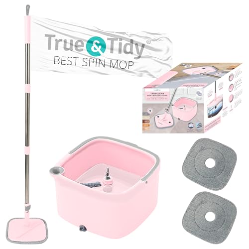 Spin Mop and Bucket with Separate Compartments for Clean and Dirty Water NEW 2025 Upgraded Version w/Side Brush and Self Standing Handle, Smart Square Mop w/ 2 Machine Washable Microfiber Pads, Rose - color: Pink