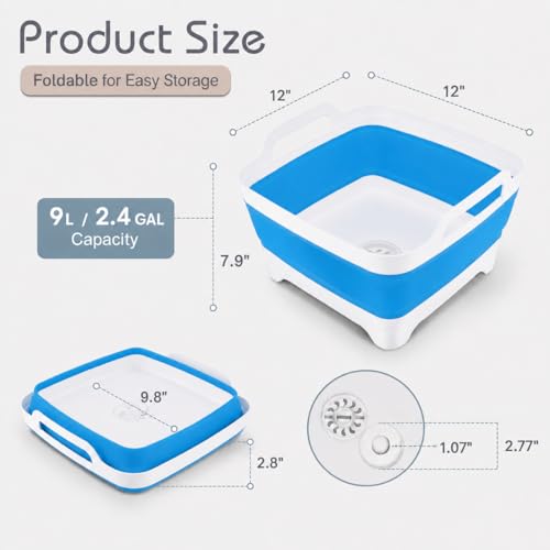 2.4 Gal(9L) Collapsible Dish Basin with Drain Plug, Space Saving Outdoor Multiuse Foldable Sink Tub, Dishpan, Kitchen Storage Tray for Camping, Vegetable Washing, RV (Blue) - color: Blue