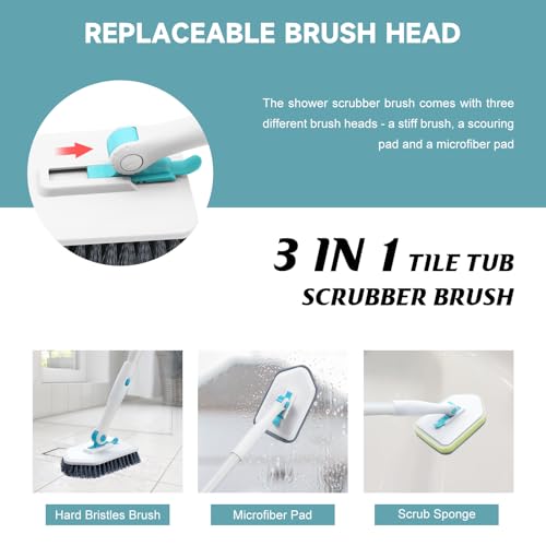 nacena Shower Scrubber with Long Handle, 4 in 1 Tile Tub Scrubber Brush with 3 Detachable Cleaning Heads and V-Shaped Grout Brush Shower Cleaner Brush for Bathroom Kitchen Toilet Tub Sink, Blue White - color: Blue White, size: 2 pads+brush
