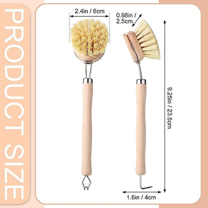 Maxdot 4 Pcs Kitchen Dish Brush with Beechwood Handle Natural Wooden Handle Scrub Brush Fiber Bristles Dish Scrub 2 Inch Replacement Brush Head for Pots Pans Utensils Washing Supplies