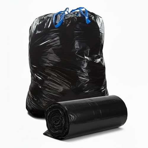 (50 Count) 44 Gallon Trash Bags with Drawstring, Heavy Duty Fits 40-45 Gallon Bins, 1.2 Mil Industrial Strength for Janitorial, Hotels & Commercial Kitchen Waste-Multipurpose use-By Interplas.