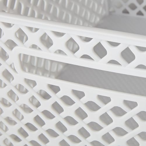 Large White Decorative Plastic Storage Basket - 14.7"x12"x8.5", Mesh Design with Cut-Out Handles, Durable for Pantry/Garage/Shed/Workroom Organization