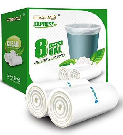 FORID Clear Trash Bags, 8 Gallon Garbage Bags, Wastebasket Bin Liners 110 Count Plastic Trash Bags for Bathroom Bedroom Office Garbage Can 30 Liters - Durable & Thick Trash Bag - Medium - size: 110 Count (Pack of 1), style: Clear 8 Gal