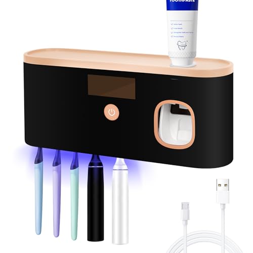 Smart Toothbrush Holder for Bathroom with Toothpaste Dispenser, USB Charging with 5 Toothbrush Slots for Family (Black) - color: Black