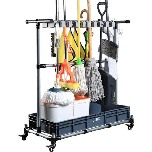 Mop and Broom Holder with Wheels - Keep Your Cleaning Tools Organized! (L) - size: Large