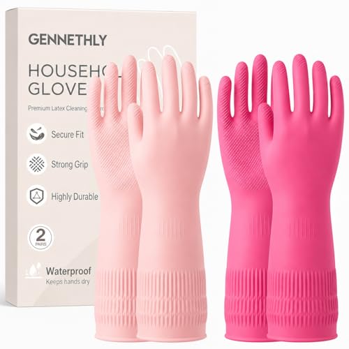Rubber Dishwashing Gloves, Reusable Cleaning Dish Gloves for Kitchen, Long Cuff for Washing Dishes - color: Pink+red, size: Large (2 Pairs)