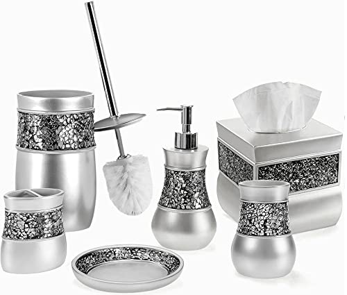 Creative Scents Crackled Glass Silver Bathroom Accessories Set - 6 Piece Bathroom Set Includes: Toilet Brush and Holder Set, Tissue Box Cover, Toothbrush Holder, Soap Dispenser, Soap Dish & Tumbler - style: 6 Pc Set 02
