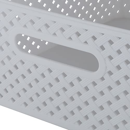 Simplify Medium Resin Wicker Storage Bin | Dimensions: 14"x11.5"x5.15" | Durable | 2 Open Handles | Wicker Design | Light Weight | Home Organization | White