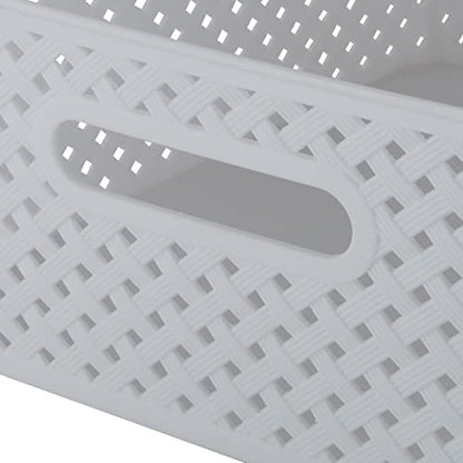 Simplify Medium Resin Wicker Storage Bin | Dimensions: 14"x11.5"x5.15" | Durable | 2 Open Handles | Wicker Design | Light Weight | Home Organization | White