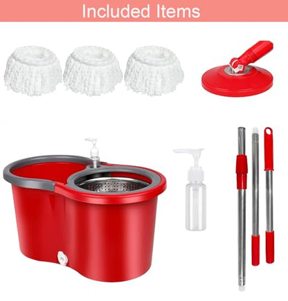 Spin Mop and Bucket with Wringer Set, 360° Spinning Mop Bucket System with 3 Microfiber Mop Replacement Heads Refills,56" Stainless Steel Extended Handle for Floor Cleaning Home(20QT) (Green) (Red) - color: Red